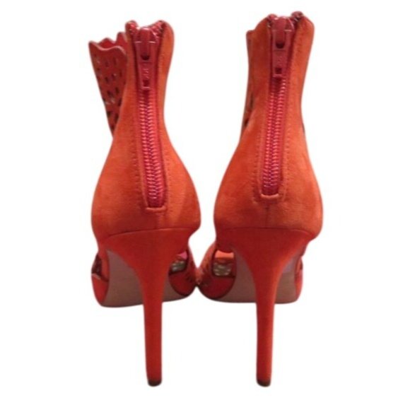 ALDO Ralidien Red Vegan Leather perforated peep toe booties heeled ankle boots - Picture 4 of 15